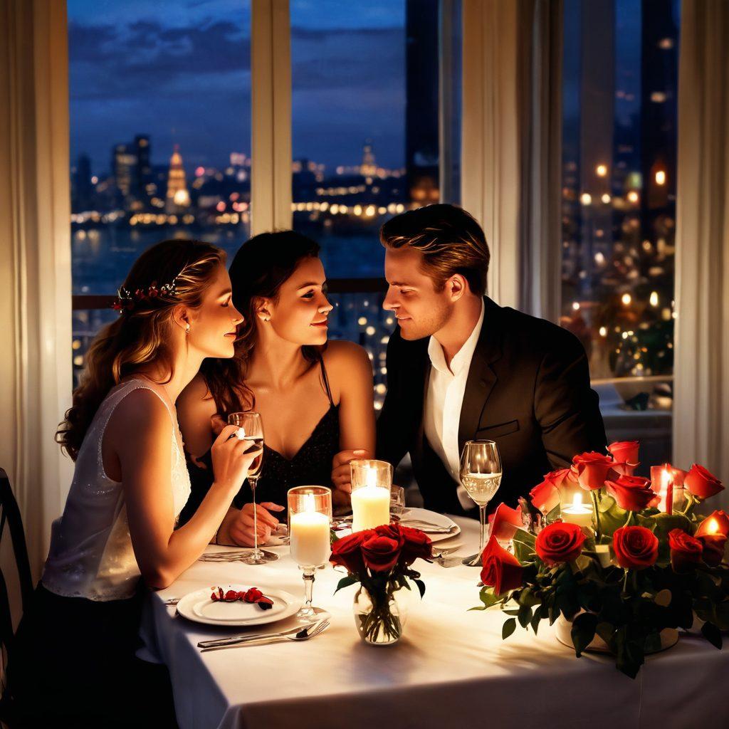 A romantic, candle-lit dining scene featuring a couple sharing a flirtatious glance over a beautifully set table adorned with red roses and soft lighting. Subtle hints of passion in their body language, with a backdrop of twinkling fairy lights and a softly blurred cityscape outside the window. The atmosphere exudes warmth and intimacy. soft focus. vibrant colors. painting.