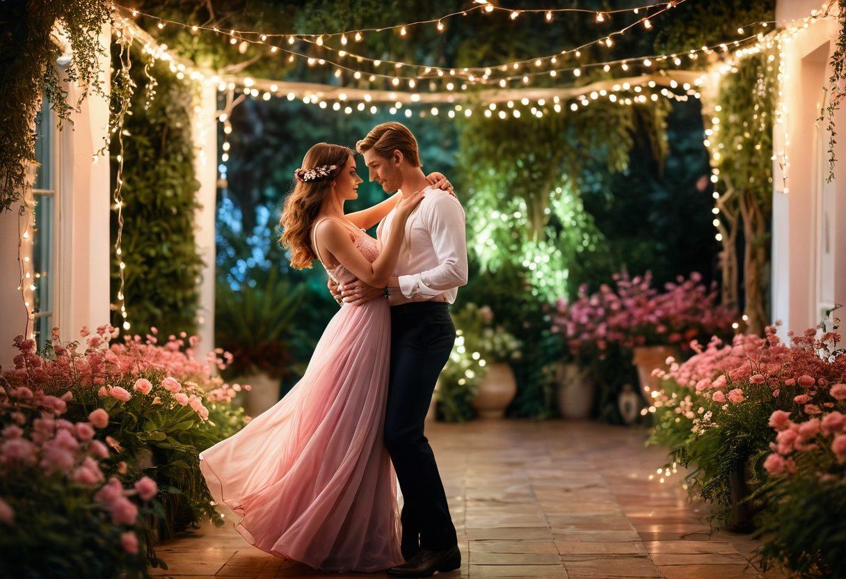 A passionate couple engaging in a romantic dance under soft, twinkling fairy lights, surrounded by lush greenery and flowers. The atmosphere radiates warmth and intimacy, with hints of candlelight reflections. Delicate pink and red hues create an inviting mood, while their expressions convey deep connection and allure. 3D. vibrant colors. soft focus.